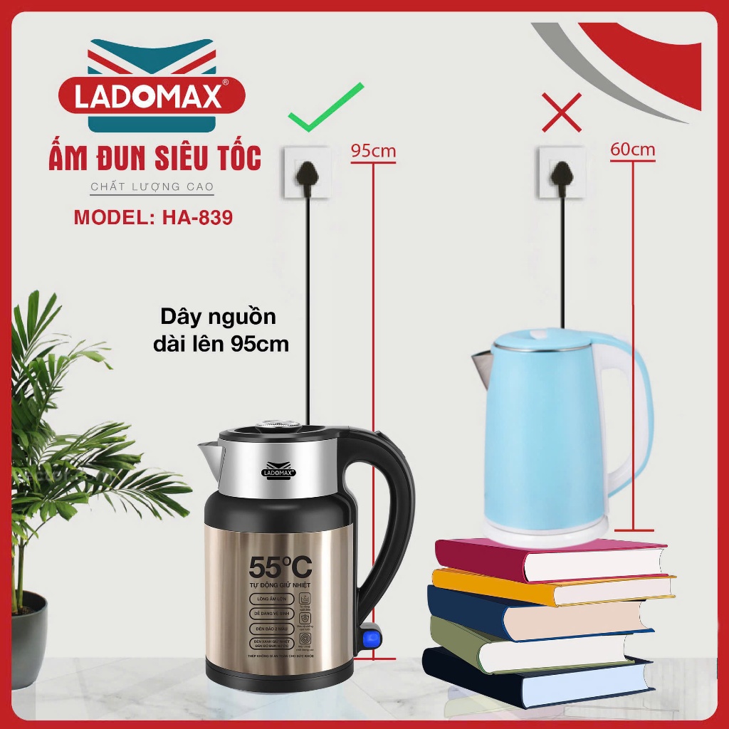 Âm Đun siêu tốc tự động giữ ấm Ladomax HA-839 thân ấm 2 lớp inox giữ nhiệt tự giữ ấm 55 độ C | BigBuy360 - bigbuy360.vn