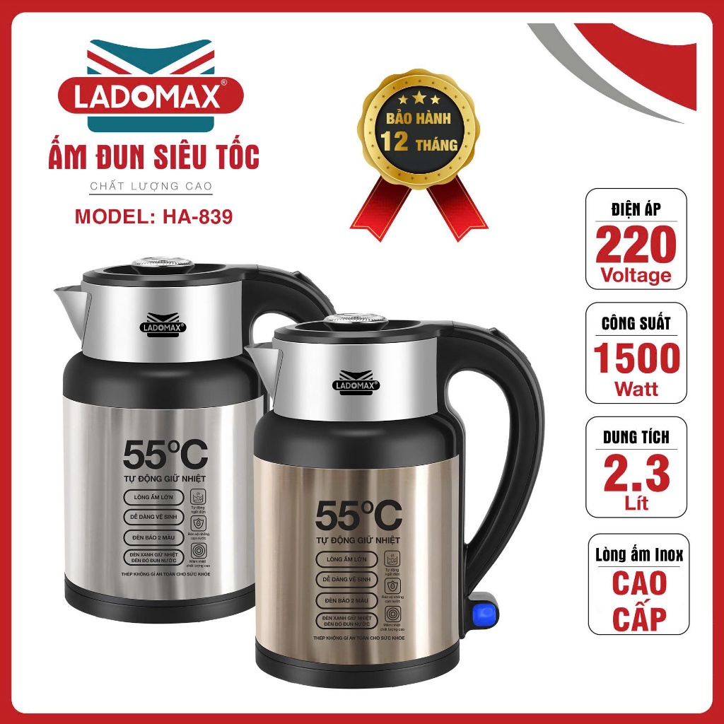 Âm Đun siêu tốc tự động giữ ấm Ladomax HA-839 thân ấm 2 lớp inox giữ nhiệt tự giữ ấm 55 độ C | BigBuy360 - bigbuy360.vn