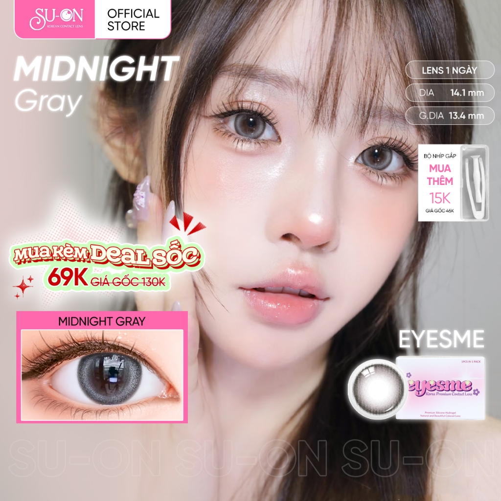 Lens 1 ngày EYESME MIDNIGHT GRAY GIÃN TRÒNG NHẸ 14,1mm| Xám tây sáng có độ cận đeo