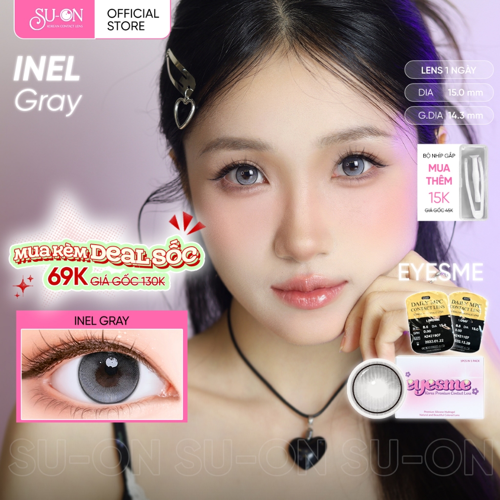 Lens 1 ngày EYESME INEL GRAY GIÃN TRÒNG hack mắt 14,7mm, xám tây nổi bật, siêu êm đeo 24h