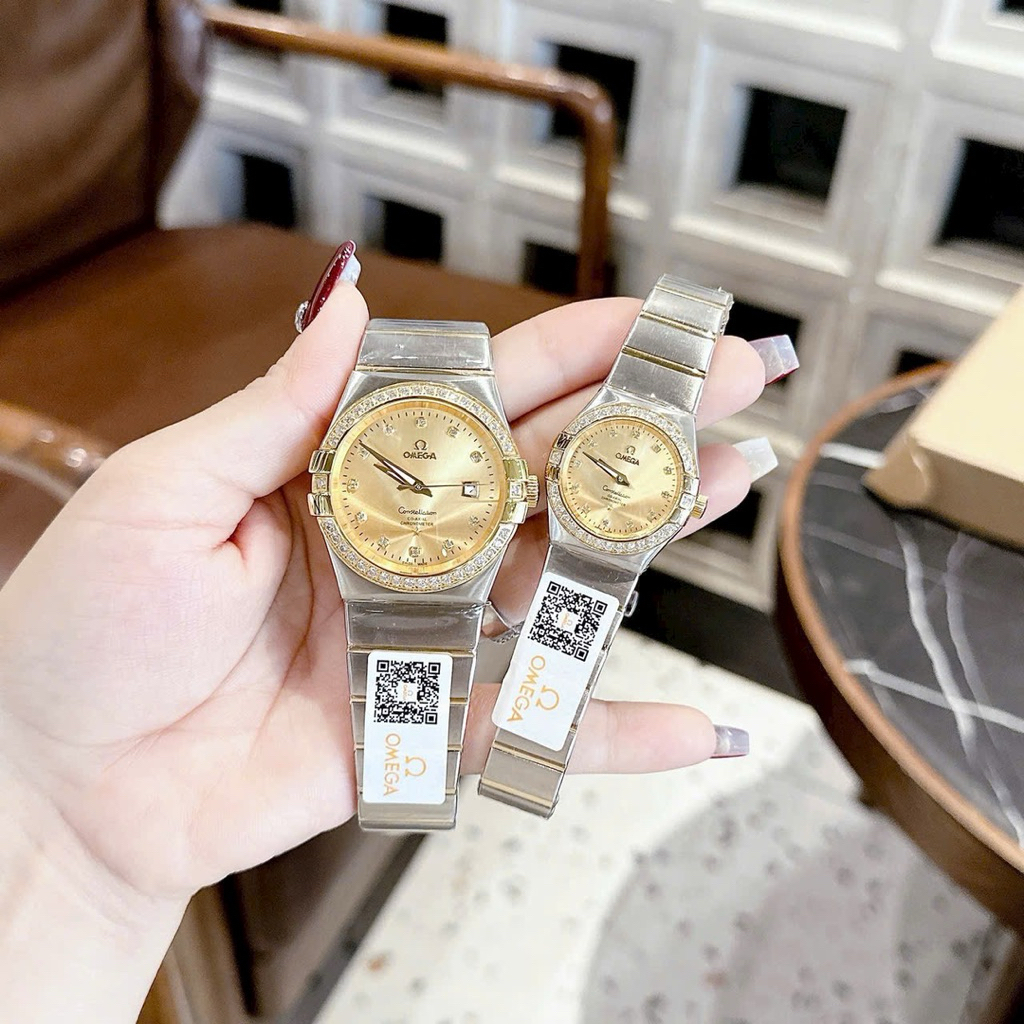 [Fullbox] Đồng Hồ Cặp Đôi Omega Niềng Số La Mã trắng xà cừ 28mm 40mm - [ Ngọc Nhi Watch ] Bảo Hành 2