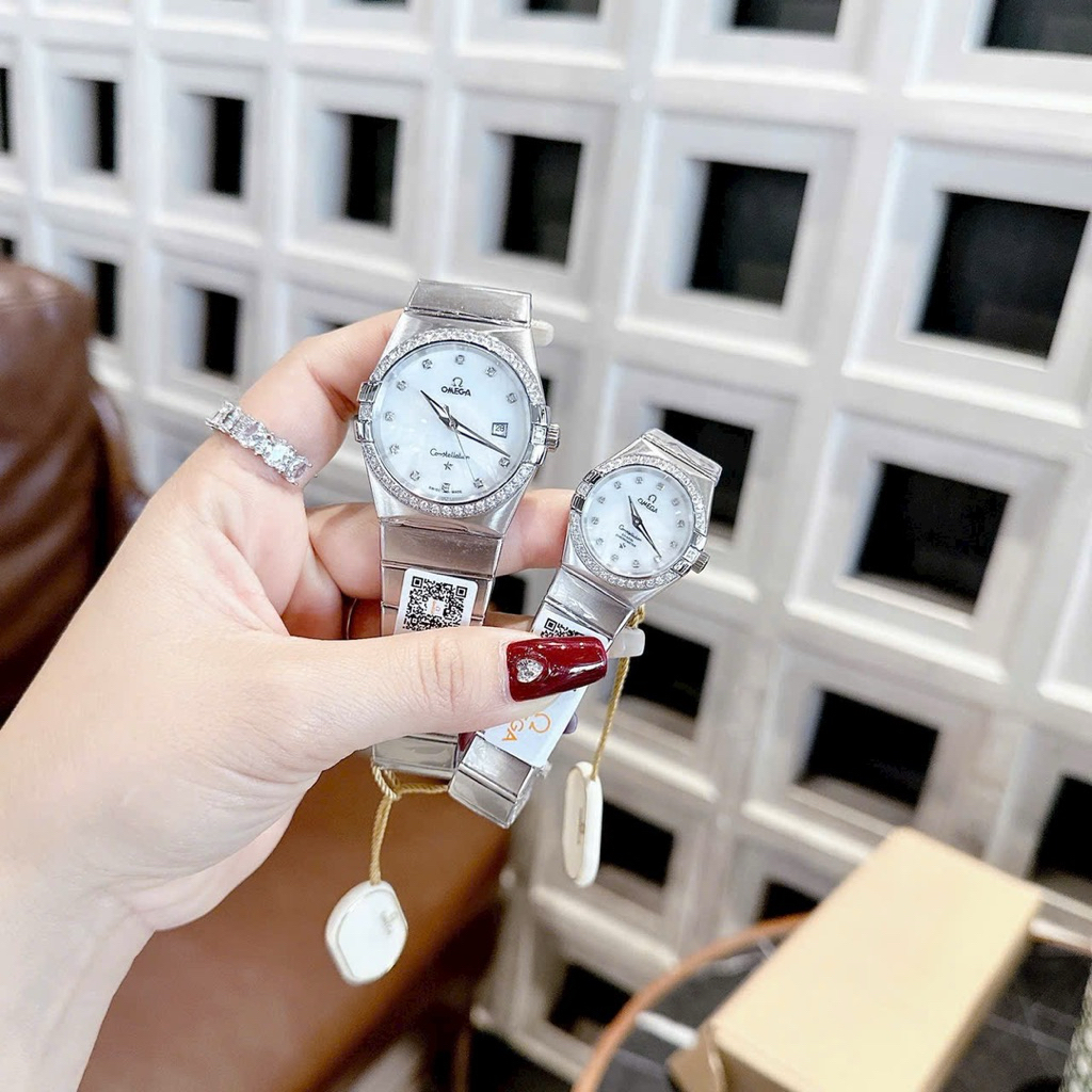 [Fullbox] Đồng Hồ Cặp Đôi Omega Niềng Số La Mã trắng xà cừ 28mm 40mm - [ Ngọc Nhi Watch ] Bảo Hành 2