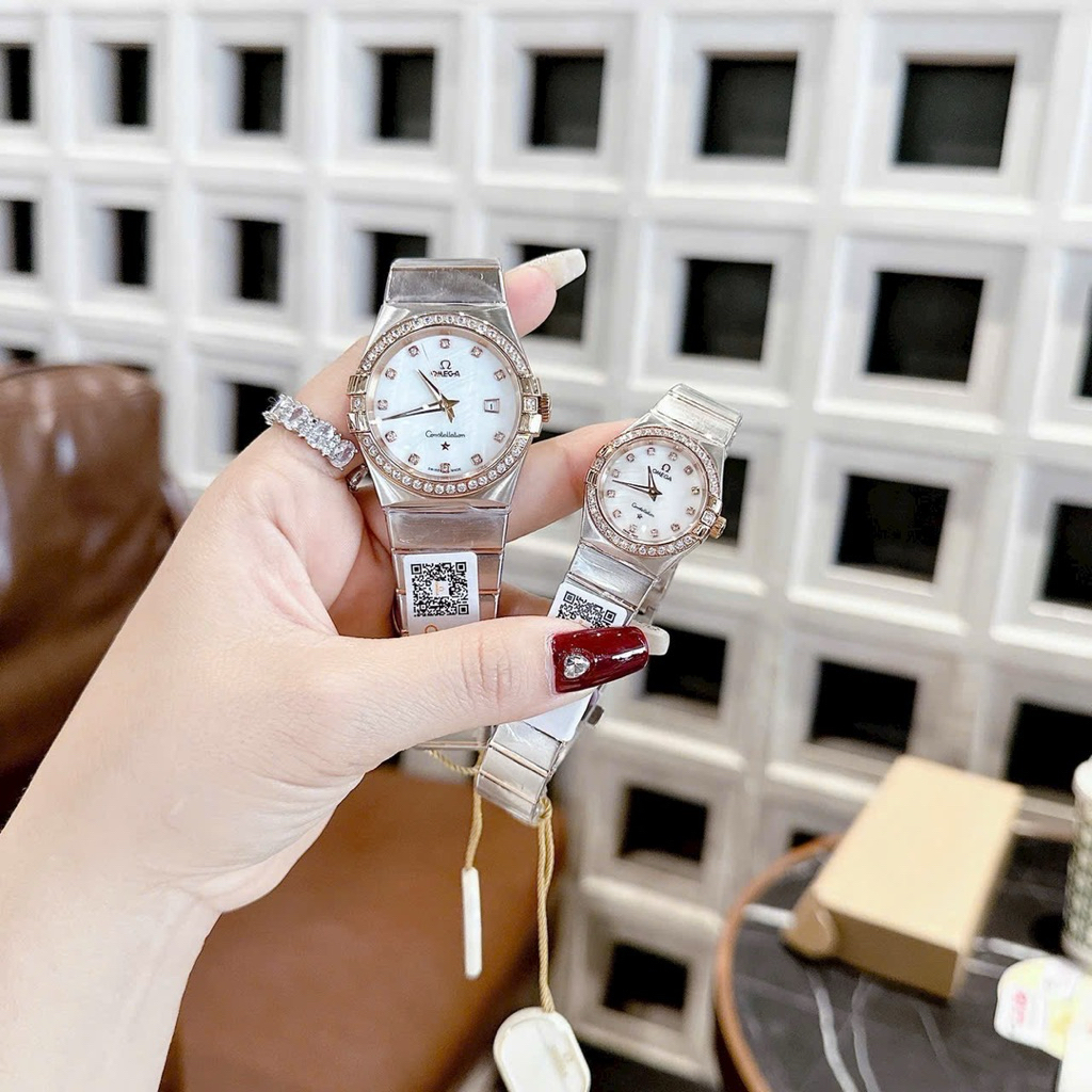 [Fullbox] Đồng Hồ Cặp Đôi Omega Niềng Số La Mã trắng xà cừ 28mm 40mm - [ Ngọc Nhi Watch ] Bảo Hành 2