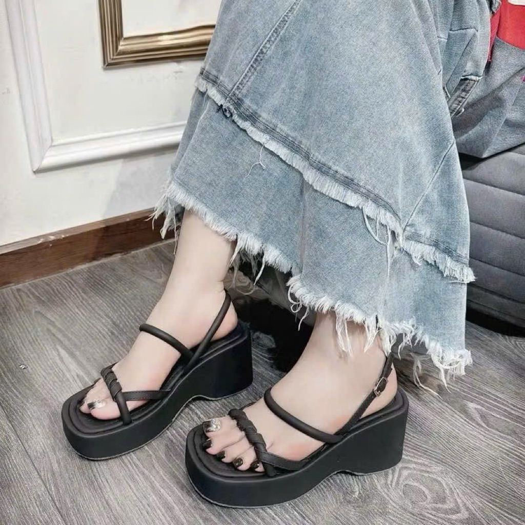 Dép sandal đế xuồng nữ quai dây mảnh xoắn mềm, giày quai hậu bánh mì đế cao 7P
