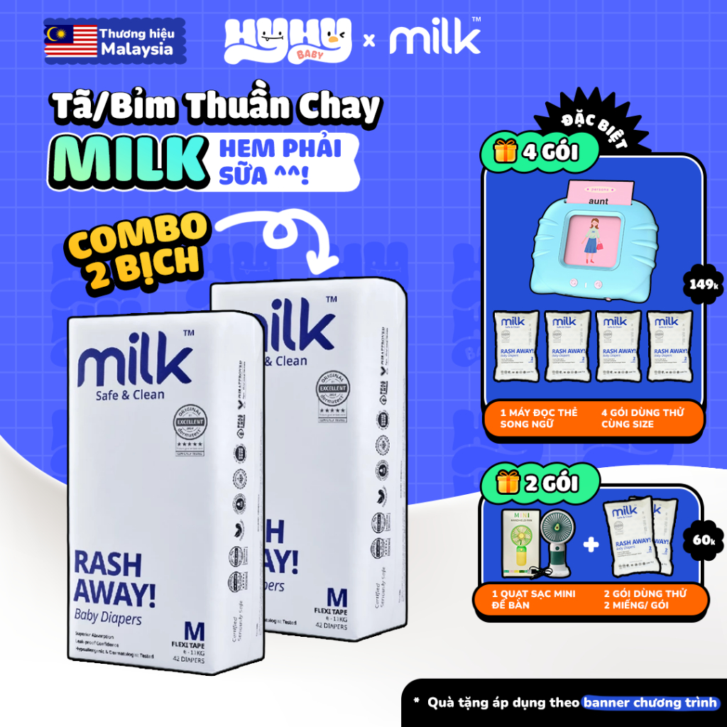[COMBO 2 BỊCH] Tã Bỉm Thuần Chay MILK Malaysia Cao Cấp Cho Bé - Bỉm Dán Và Quần Siêu Thấm Hút, Siêu 