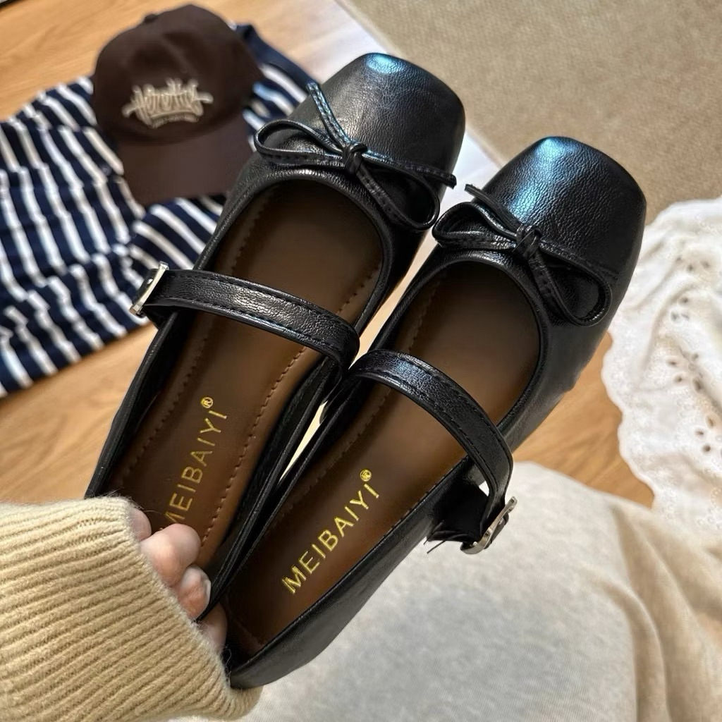 Giày búp bê lolita nữ đế thấp da bóng gắn 2 Nơ thời trang mới