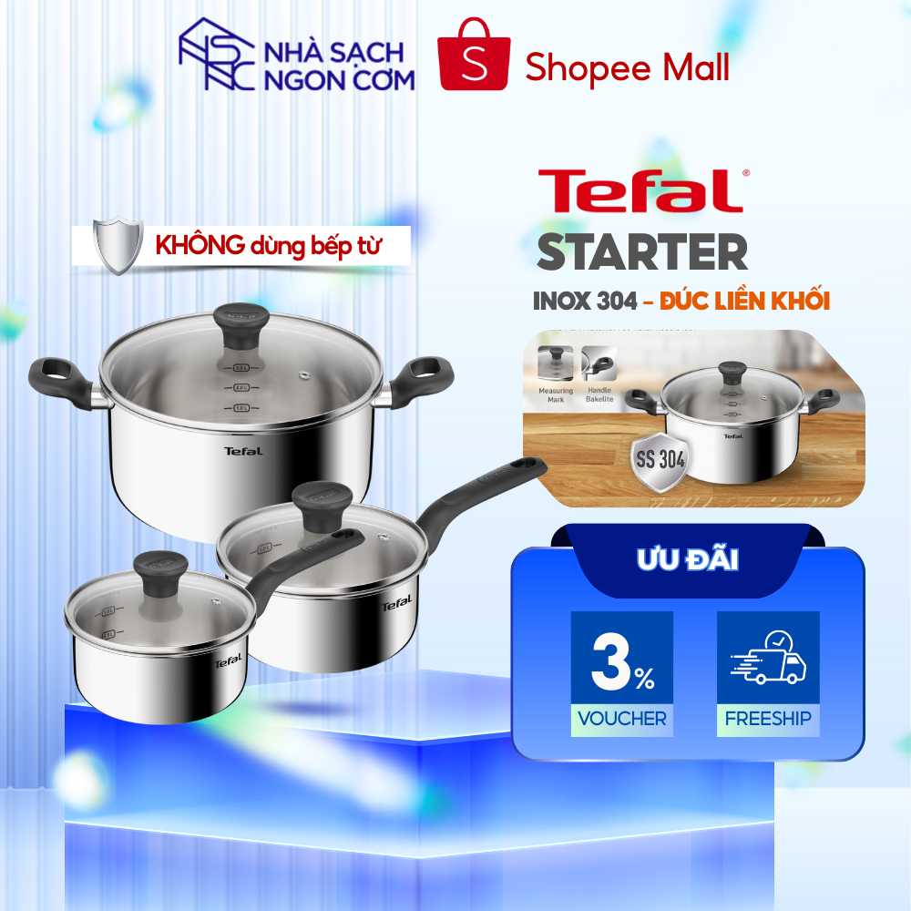 Nồi inox Tefal Starter E325S695 16cm- 18cm - 20cm- 24cm - Dùng cho bếp gas, hồng ngoại