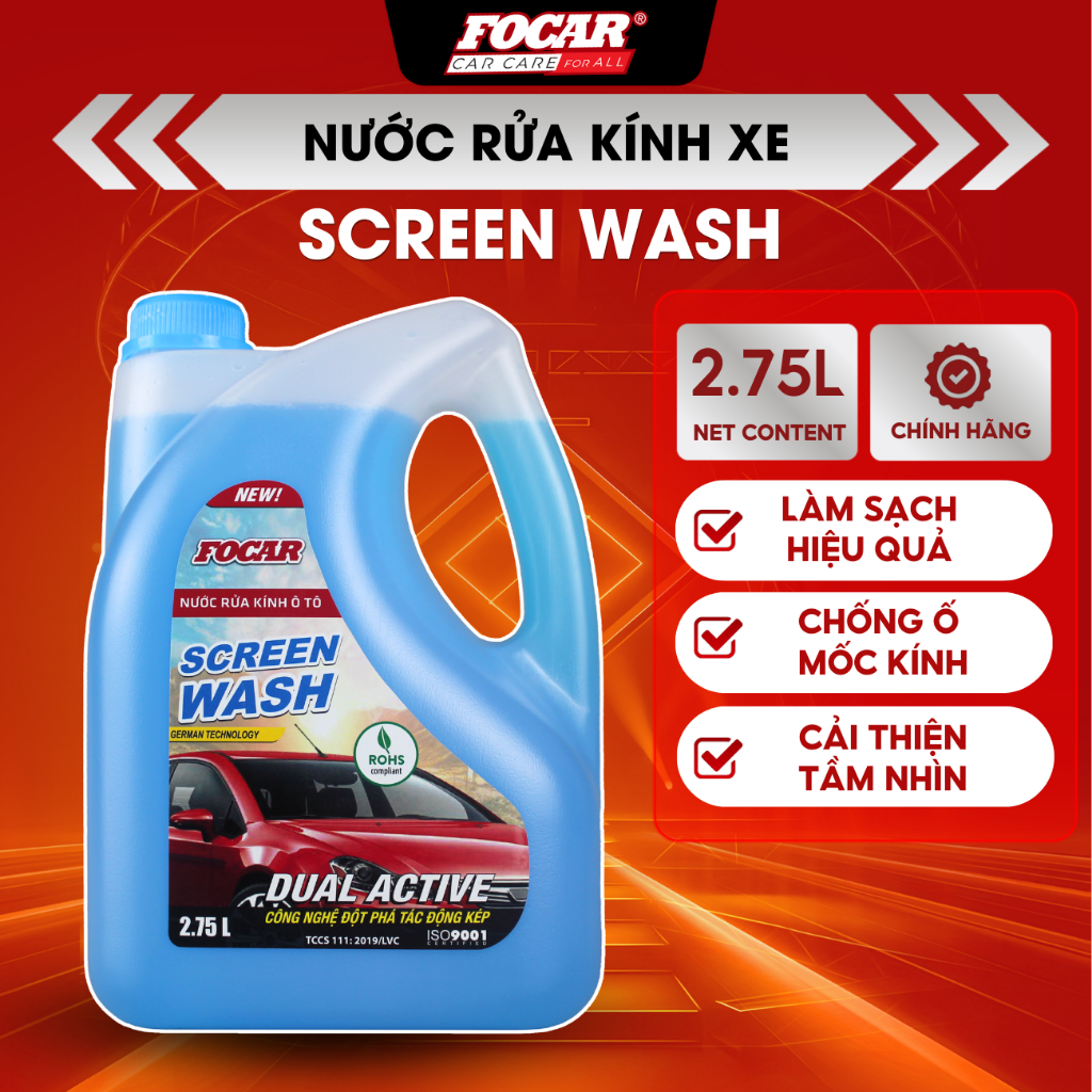 Nước rửa kính ô tô FOCAR 2.75L- Nước rửa kính cao cấp chính hãng, làm sạch sâu, ngăn ngừa ố mốc kính đạt tiêu chuẩn ROSH