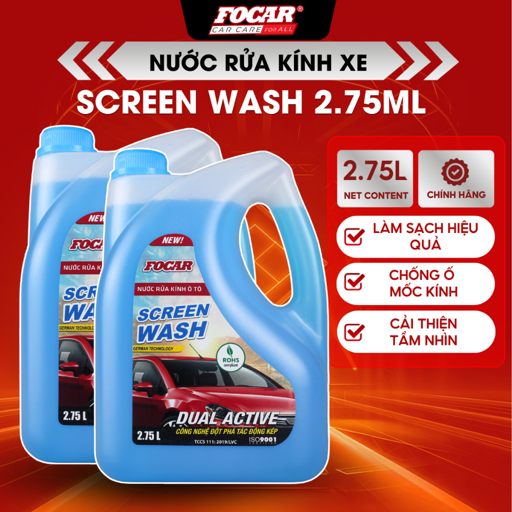 Combo 2 can nước rửa kính ô tô Focar Screen Wash 2.75L-Nước rửa kính xe hơi, nước lau kính, nước đổ kính ô tô chính hãng