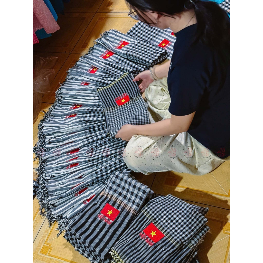 (Hoả Tốc CT) Khăn rằn Nam Bộ có tua thêu logo cờ, Khăn Rằn Nam Bộ Truyền Thống Dài Rộng Đi Phượt, Du