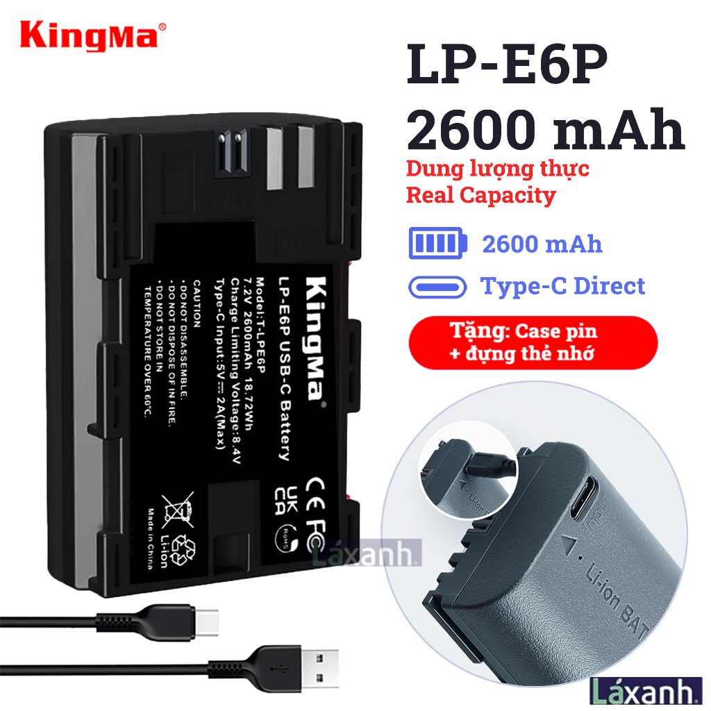 Canon LP-E6P Type-C 2600mAh Pin dung lượng cao Canon EOS R R5 R52 R6 R62 5D2 5D3 5D4 6D 6D2 7D 60D 7