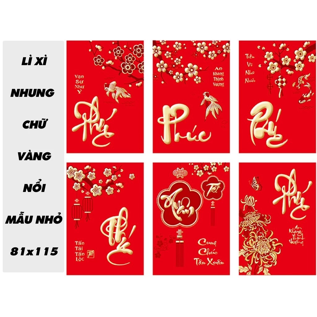 Set 6 bao lixi Tết độc lạ màu đỏ in kim chữ nổi 3D,Bao lì xì Tết năm con Ngựa Bính Ngọ 2026
