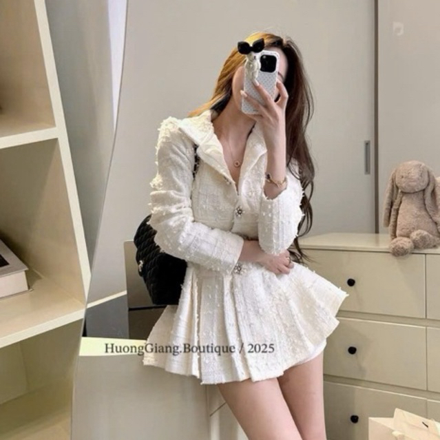 HƯƠNG GIANG BOUTIQUE - “Mama Dress” Áo váy cổ bẻ cài khuy đá cao cấp, Áo váy thiết kế dáng ngắn xoè,