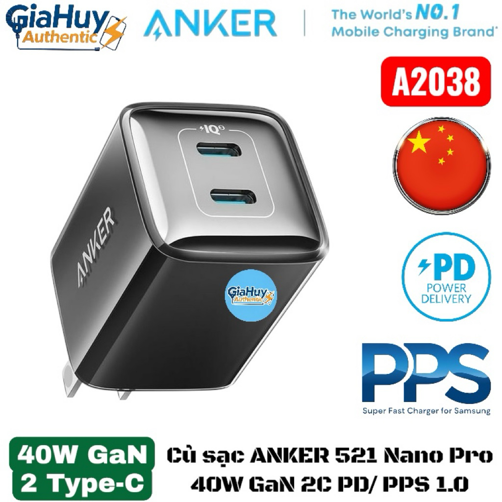 Củ sạc nhanh ANKER 521 Nano Pro 40W 2C PD/ PPS 1.0 - A2038 nhiều màu sắc, sạc nhanh Táo & Samsung, b