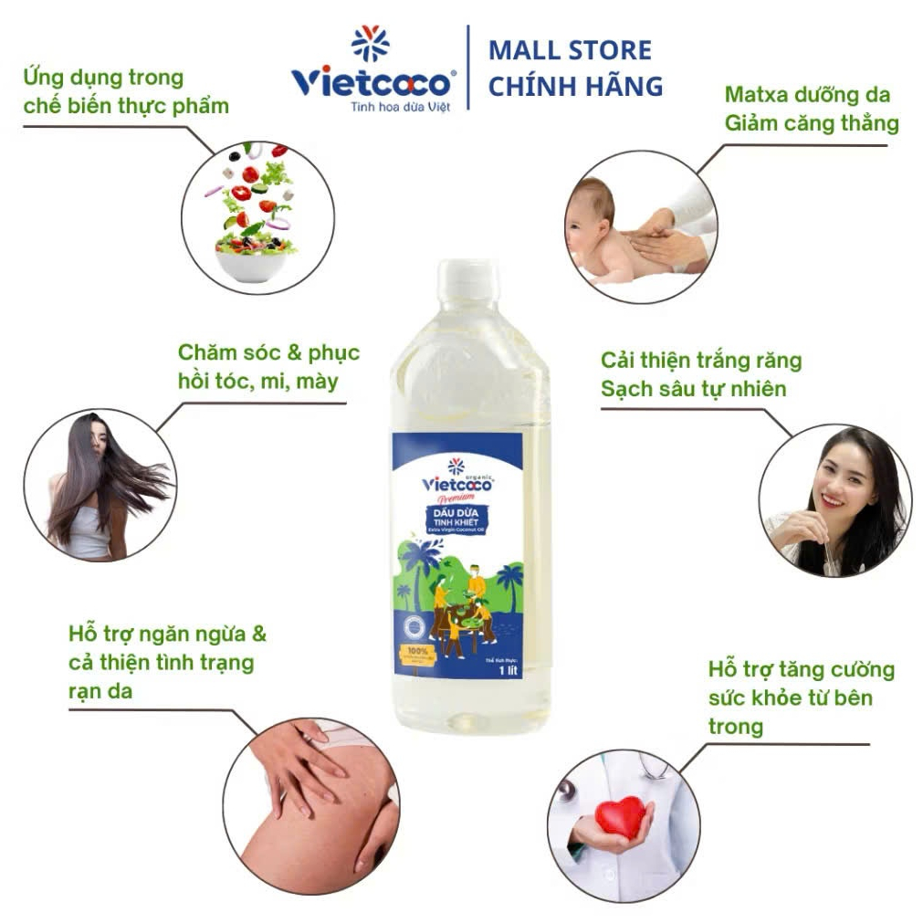 Dầu Dừa 100% Nguyên Chất Tinh Khiết Organic Vietcoco :  50ml -  60ML - 200ML - 130ML -250ML