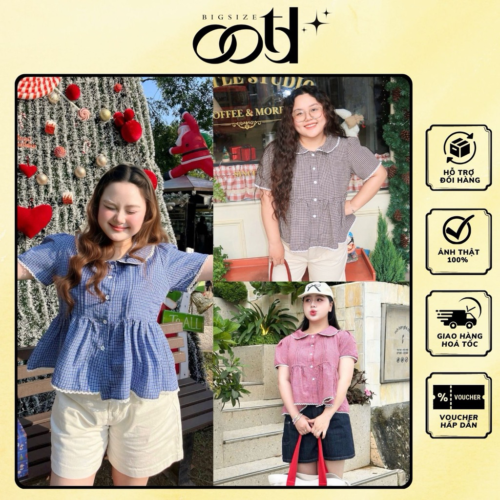 OOTD BIGSIZE - Áo kiểu bigsize babydoll caro kẻ cổ sen viền ren dịu dàng