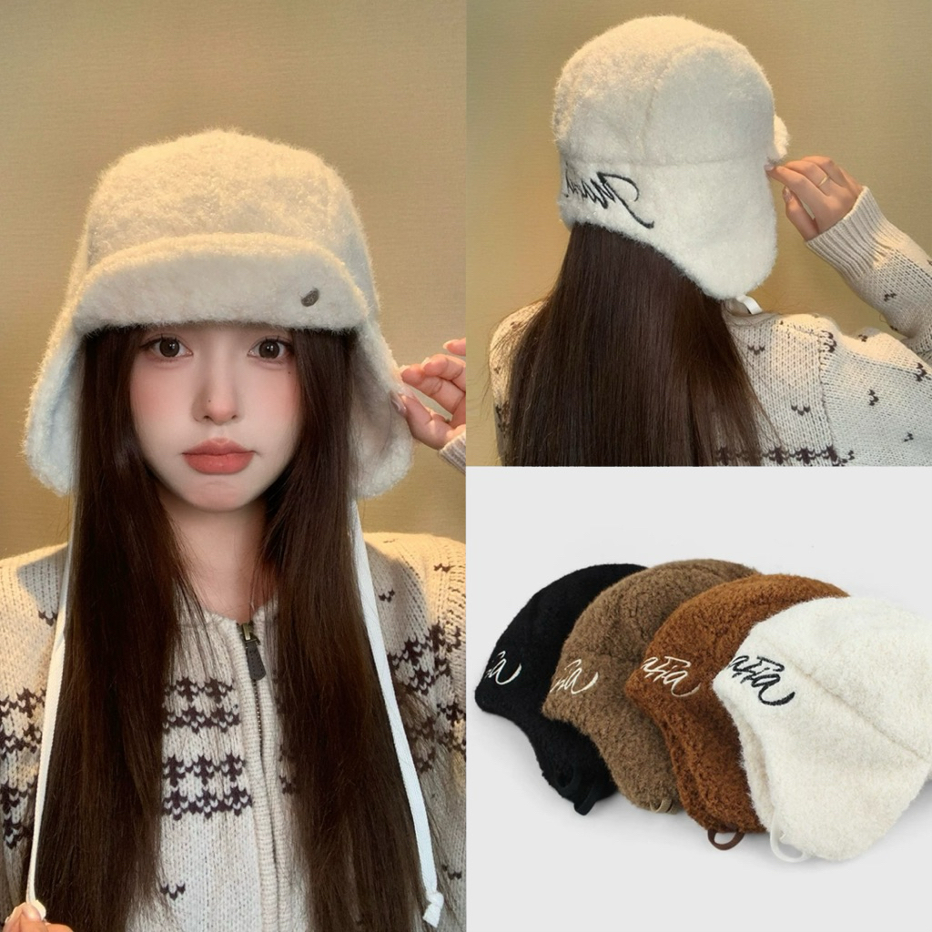 LAROSABYH Mũ tai bèo kèm dây buộc ấm áp nữ tính mùa đông 2025 [M114]
