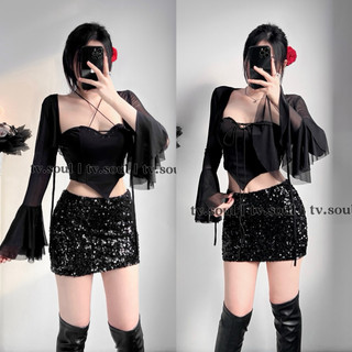   SẴN ẢNH THẬT  TV SOUL | Set áo dáng corset đan dây ngực + khoác voan tay loe đen - Chân váy bling lấp lánh sexy nữ Y2K 