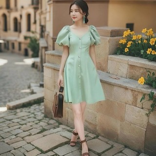Đầm váy freesize mint cổ V tay bo