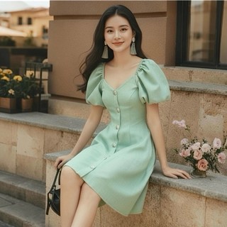 Đầm váy freesize mint cổ V tay bo