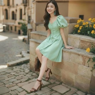 Đầm váy freesize mint cổ V tay bo