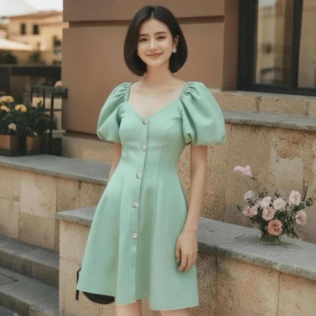 Đầm váy freesize mint cổ V tay bo