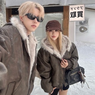 Áo Khoác Da Lót Lông Có Mũ Vintage Unisex Form Boxy Phong Cách Hàn Quốc
