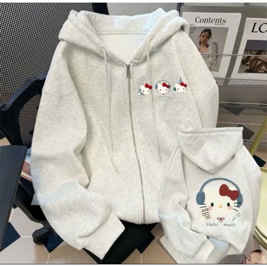 Áo khoác bé gái Hoodie Zip nỉ cotton phong cách Hàn Quốc đơn giản thanh thoát in Kitty Hello Music
