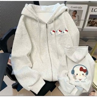 Áo khoác bé gái Hoodie Zip nỉ cotton phong cách Hàn Quốc đơn giản thanh thoát in Kitty Hello Music