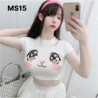  Áo Croptop Ôm Body Nữ Cổ Tròn Tay Ngắn Họa Tiết 