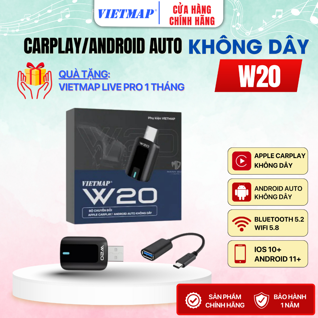 VIETMAP W20 - THIẾT BỊ CHUYỂN ĐỔI CARPLAY/ ANDROID AUTO KHÔNG DÂY TẶNG VIETMAP LIVE 1 THÁNG