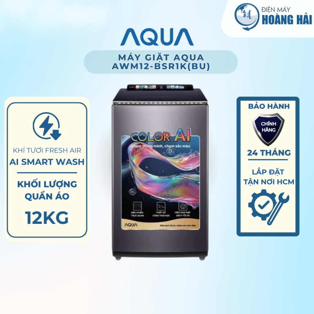 [Điện máy Hoàng Hải] [Giao HCM] Máy Giặt Aqua Inverter 12Kg AWM12-BSR1K(BU)