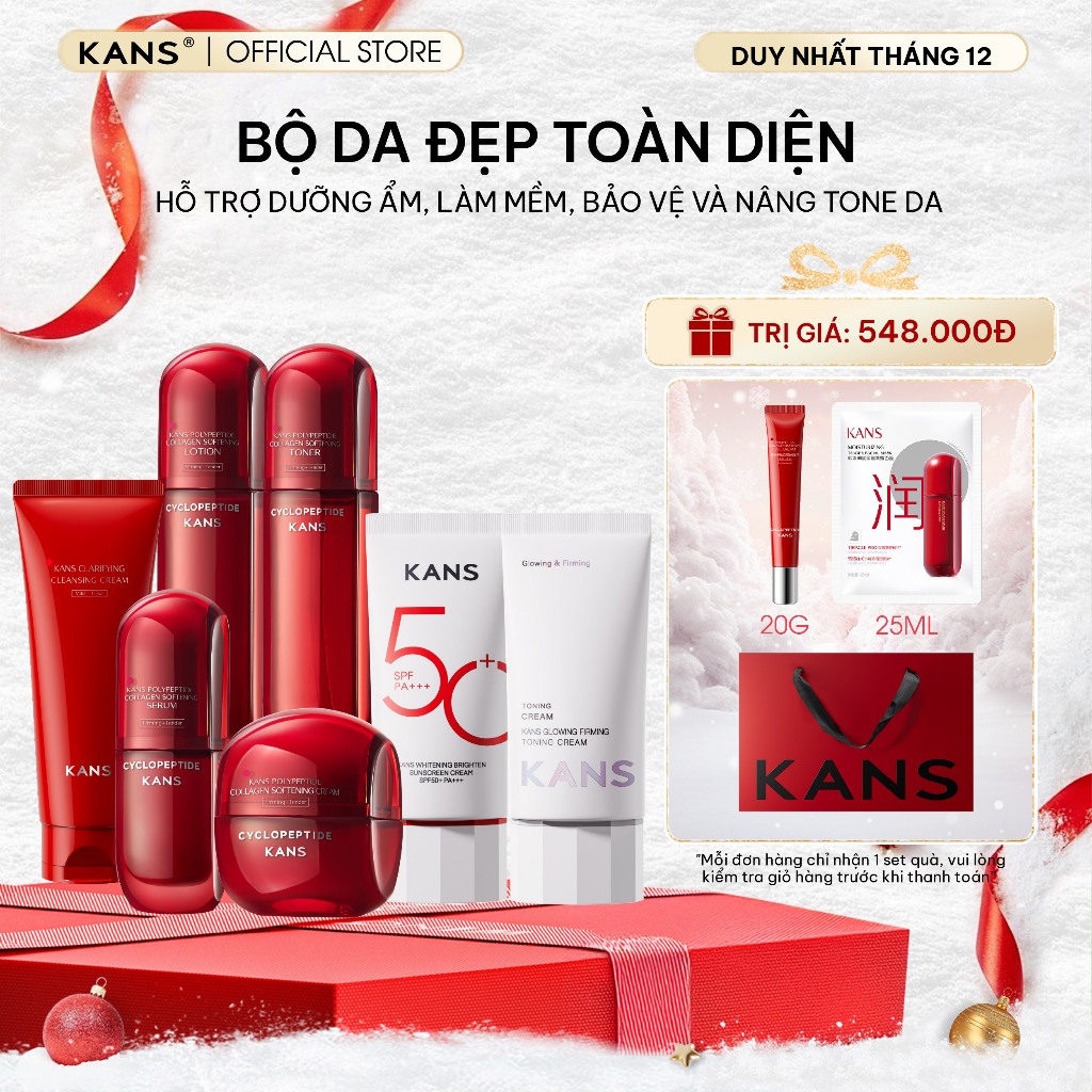 Combo Set Kans Bộ Dưỡng Da Mặt Kans Đỏ Chống Lão Hóa Cấp Ẩm Bổ Sung Collagen, Kem Chống Nắng SPF 50+PA+++, Kem Nâng Tông