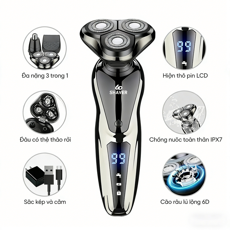 Máy Cạo Râu Nam Đa Năng lưỡi dao an toàn ôm sát mặt – 3 Trong 1, Chống Nước, màn hình Thông Minh