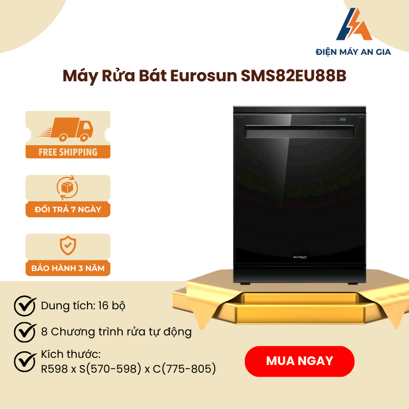 Máy Rửa Bát Eurosun SMS82EU88B – 16 Bộ – 8 Chương Trình Rửa Tự Động – 4 Chức Năng An Toàn – PEB
