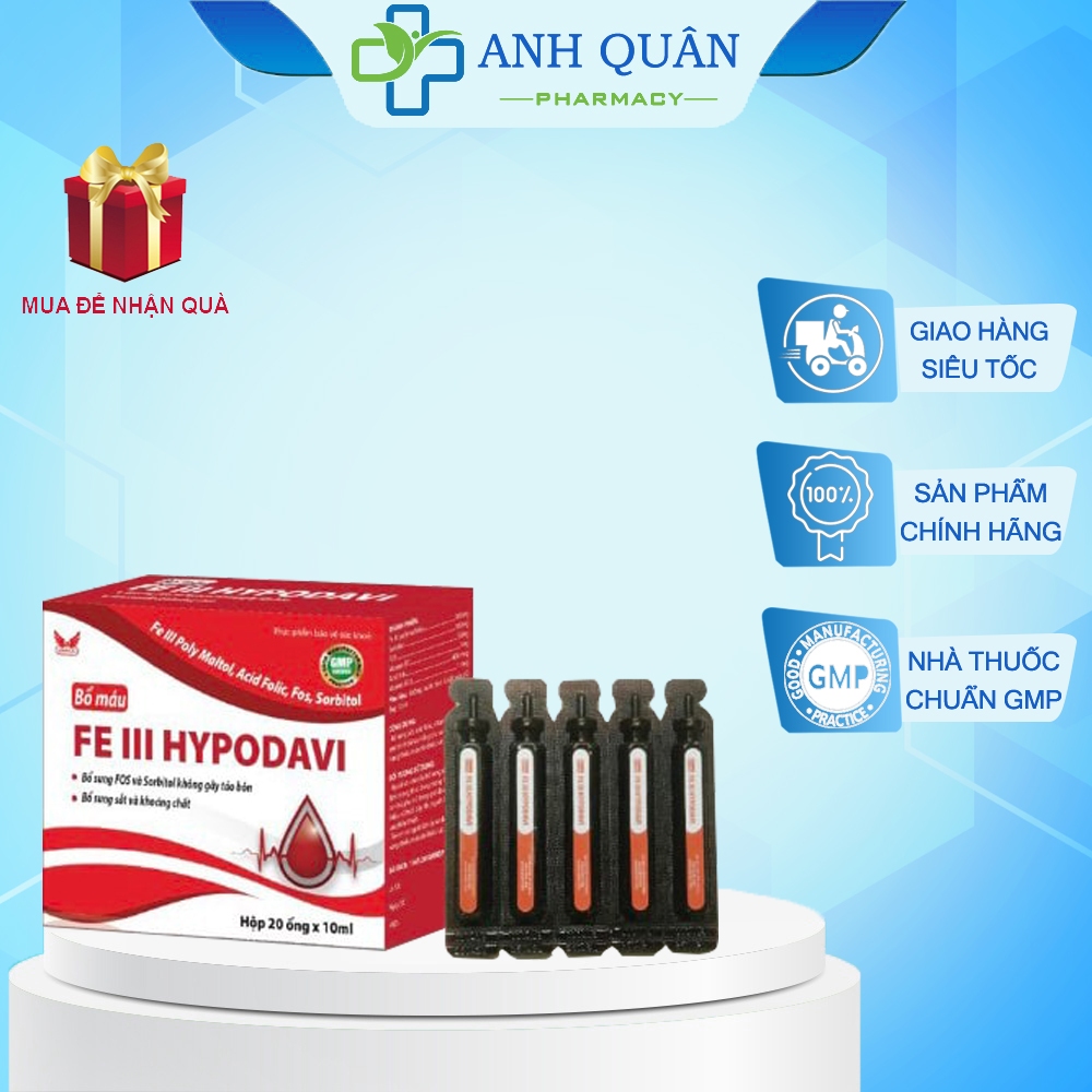 [CHÍNH HÃNG] Bổ máu FE III HYPODAVI, giúp bổ sung sắt, acid folic, vitamin B12 hộp 20 ống (hàng chuẩ
