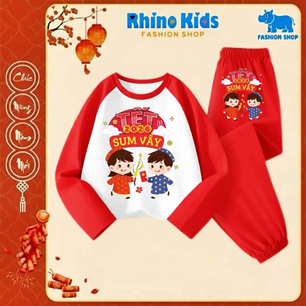 DT303 - Bộ quần cotton Chúc Mừng Năm Mới 2026 cho bé trai bé gái RHINO KIDS, mềm mịn, thoải mái