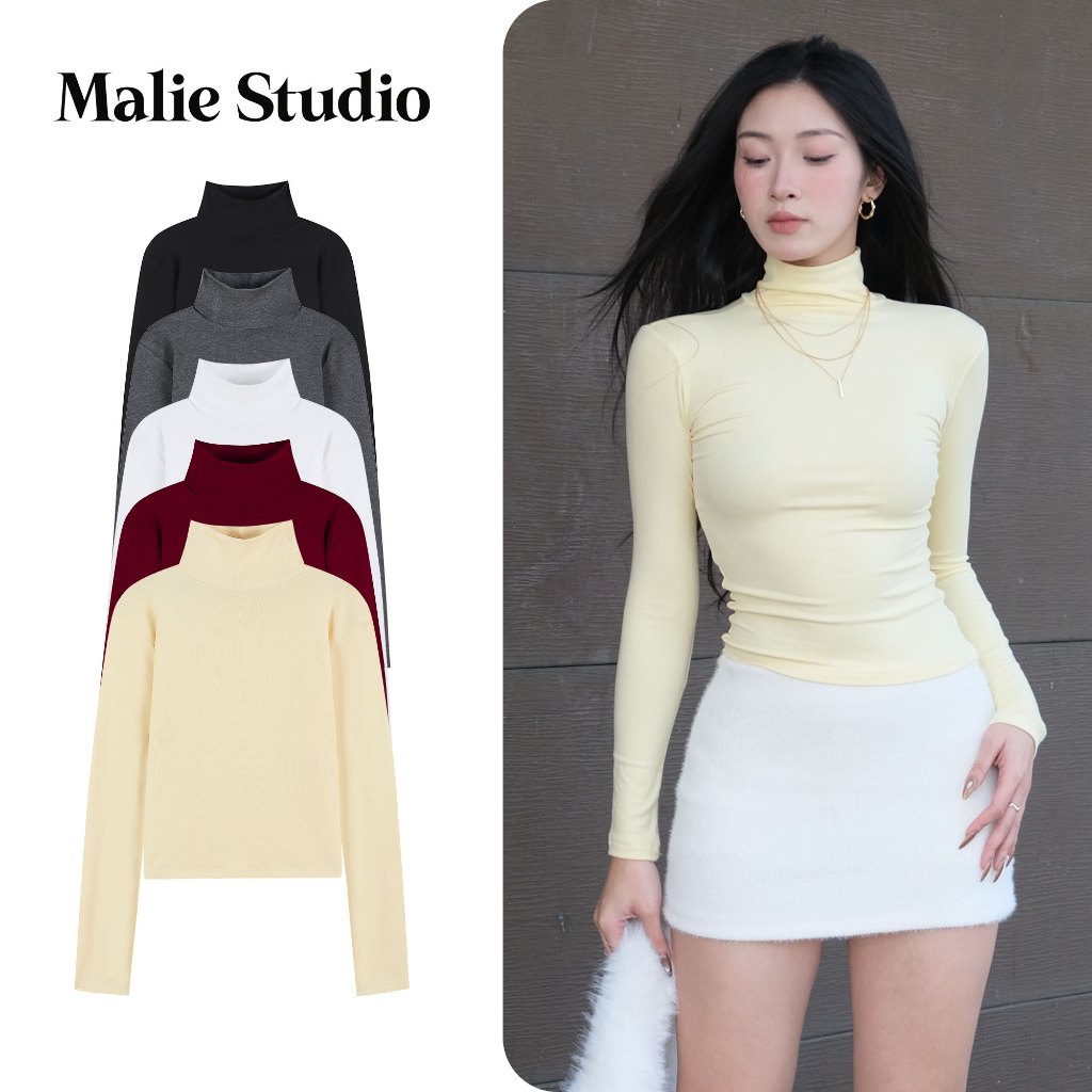 Áo Giữ Nhiệt MALIE STUDIO Cotton Mềm Mịn Dày Dặn Giữ Ấm Tốt Cổ 8 Phân Ôm Body Basic Co Giãn MAP014