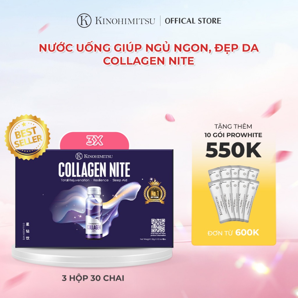 Bộ 3 Hộp Nước uống Collagen Nite Kinohimitsu chống lão hóa, giúp ngủ ngon, làm sáng và mịn da 50g x 