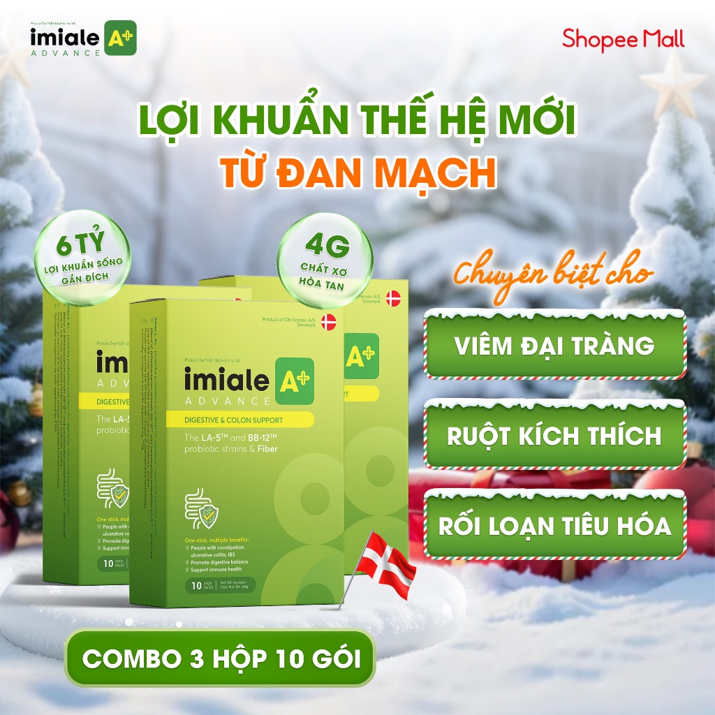Bộ 3 hộp 10 gói Men vi sinh IMIALE A+ Đan Mạch - Chuyên dùng cho viêm đại tràng, ruột kích thích