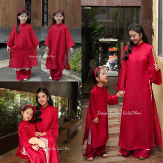  Áo Dài Tơ Óng 4 Tà Đỏ Lót Ren Phối Quần Lụa Ngọc Trai Cho Bé Gái - Đậu Kids&Mom 