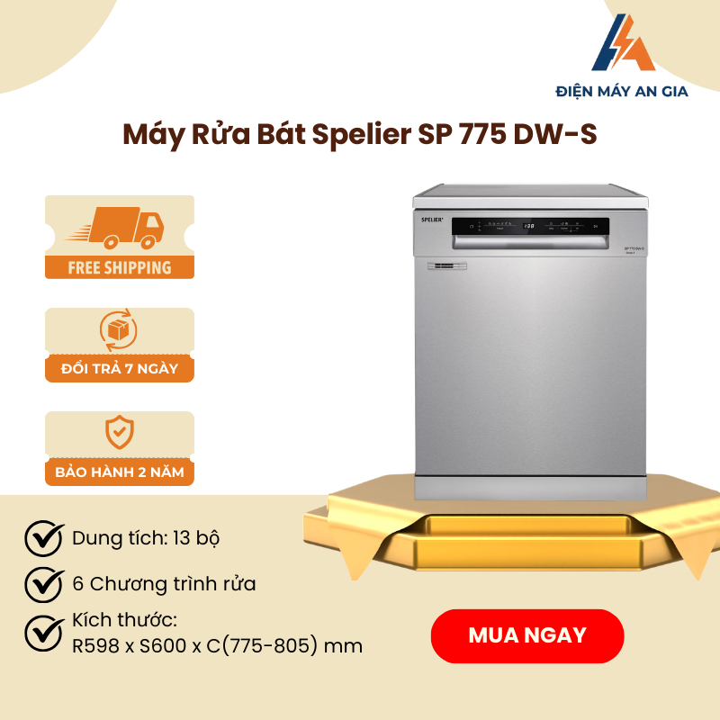Máy Rửa Bát Spelier SP 775 DW-S – Sức Chứa 13 Bộ – 6 Chương Trình Rửa, 4 Chức Năng Tăng Cường – PEB