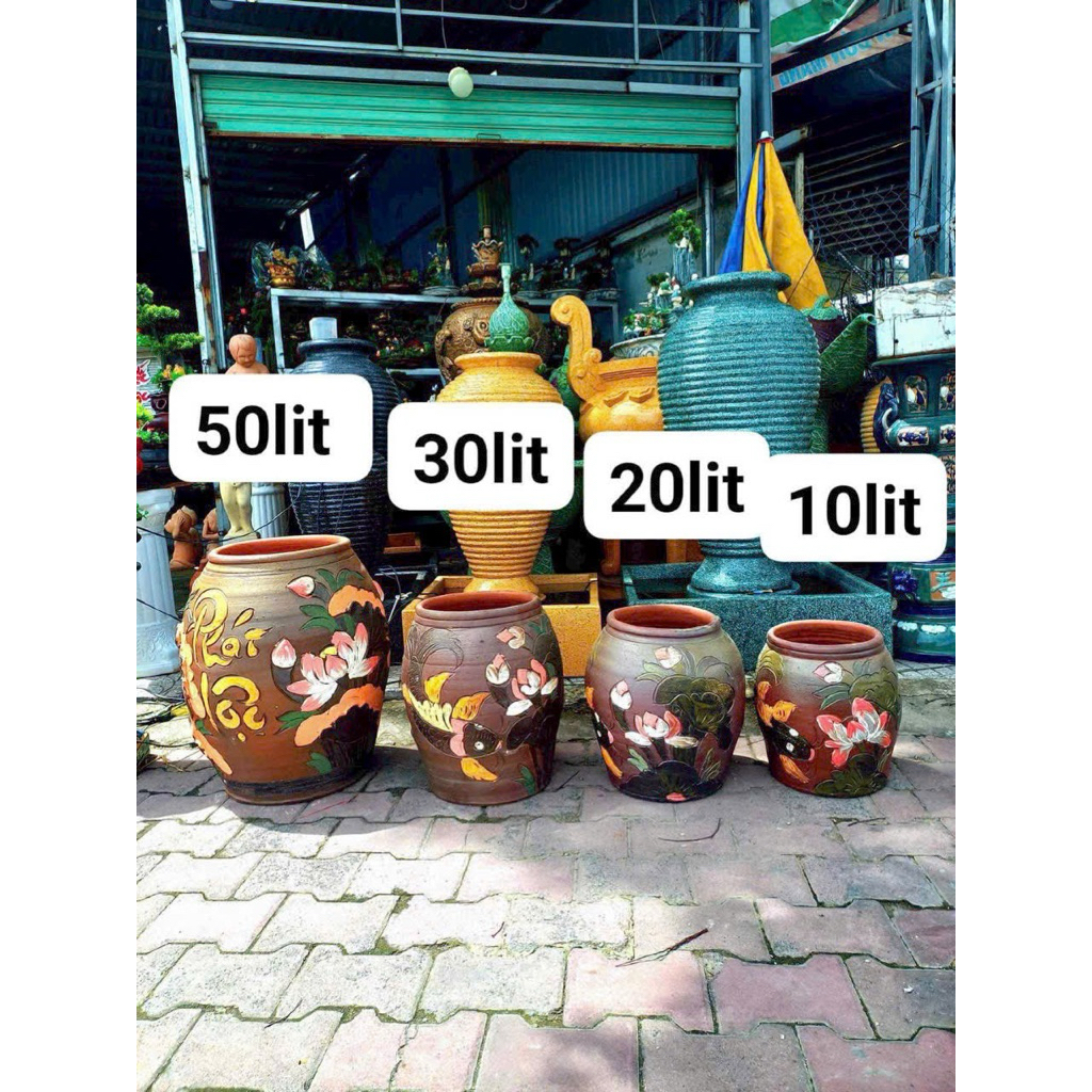 lu gốm đất nung 10lit khắc họa tiết hoa sen, lu dùng đựng nước trồng cây ,nui ca