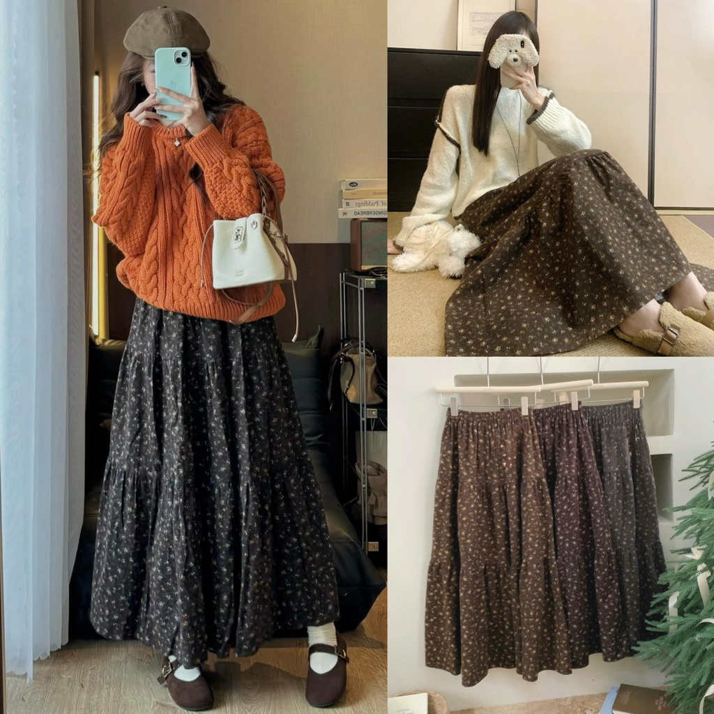 [HÀNG CHUẨN L1] Chân Váy Midi Nhung Hoa Nhí Dáng Dài