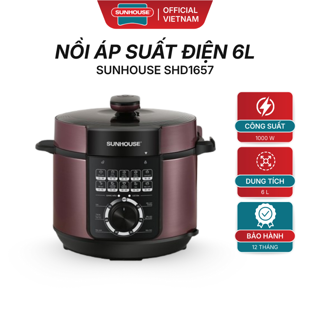 Nồi Áp Suất Điện Đa Năng 6L Sunhouse SHD1657 - Công Suất 1000W - Xả Áp Bằng Nút Ấn Chống Bỏng