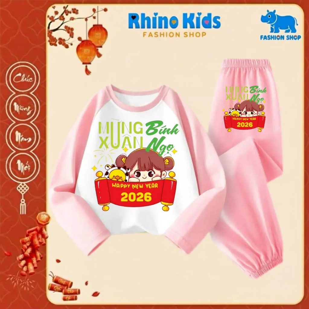 DT305 -  Bộ quần cotton Chúc Mừng Năm Mới 2026 cho bé trai bé gái RHINO KIDS, mềm mịn, thoải mái