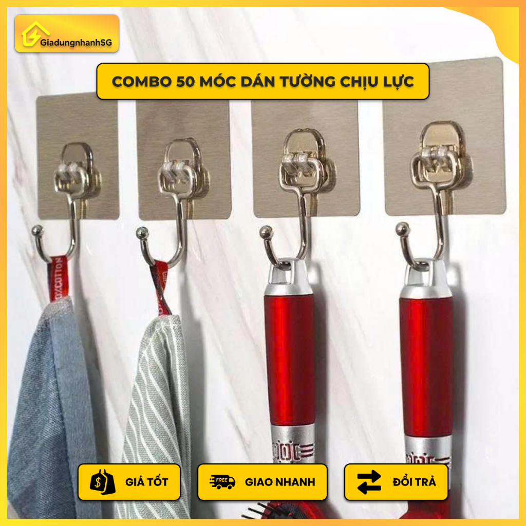 [Hoả Tốc HCM] Combo 10 - 50 Móc Bạc Dán Tường Chịu Lực, Móc dính tường treo đồ quần áo đồ dùng