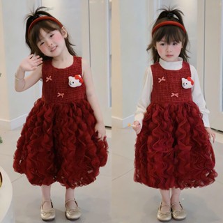   Tặng Phụ Kiện  Váy Dạ Đỏ Cao Cấp Thiết Kế Phối Hello Kitty Dễ Thương 