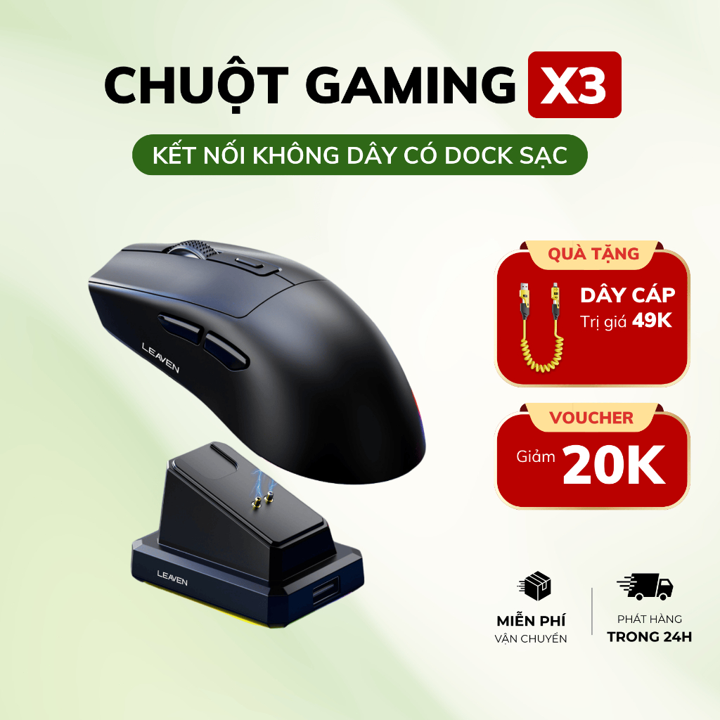 Chuột Gaming Leaven X3 Pro Wireless Dual Mode, Cảm Biến Chip Pro, Dock Sạc Thông Minh, Công Thái Học