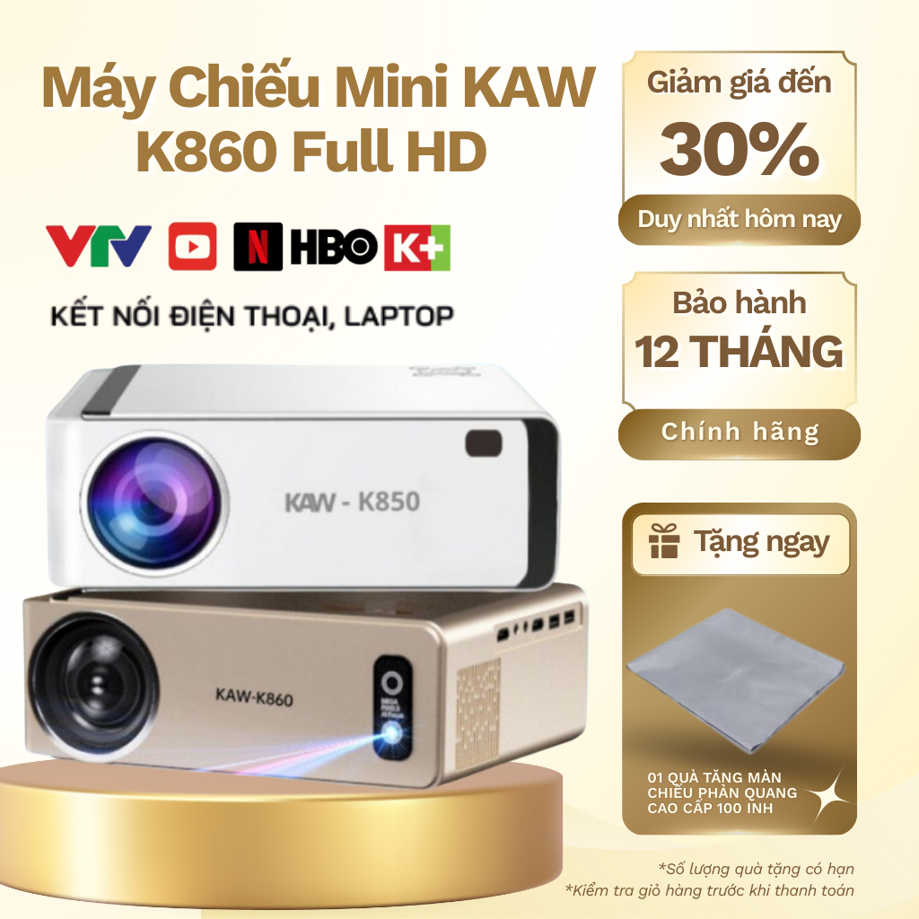 Máy Chiếu Mini KAW K860,Tự Động Lấy Nét, Hỗ Trợ 4K, Độ Phân Giải Full HD - Hàng Chính Hãng